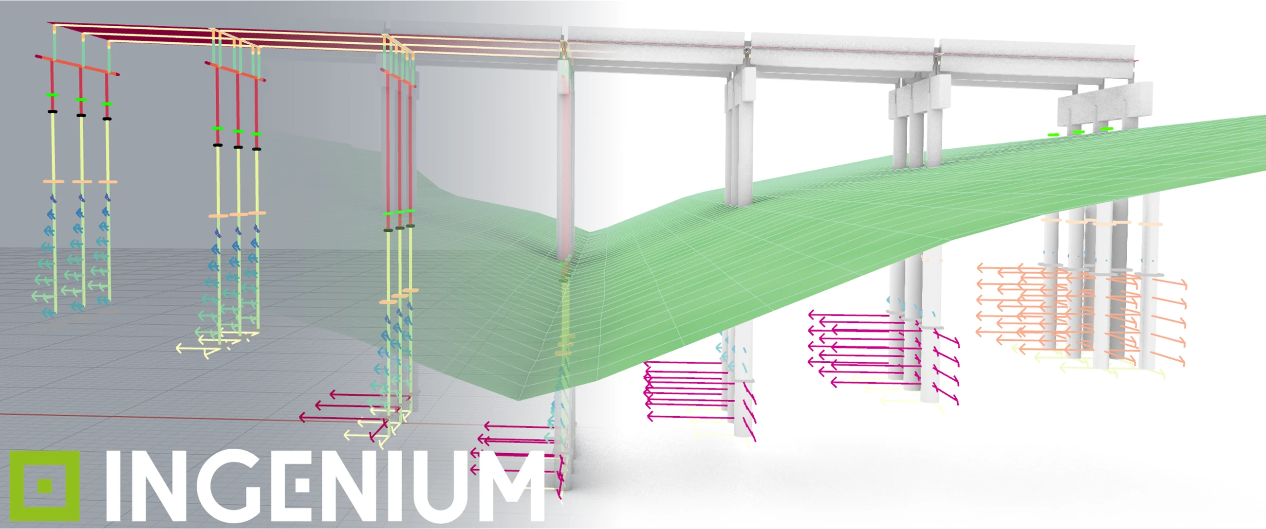 Concrete beam bridge and its analysis model, showing the ground, piles and foundation springs.