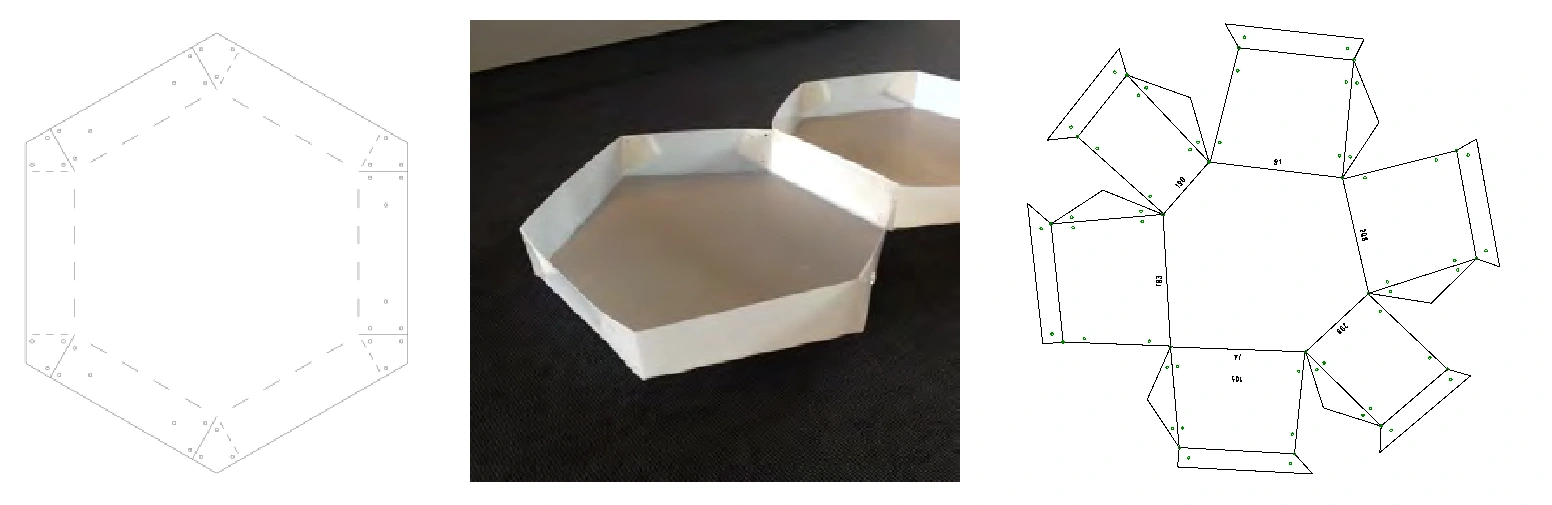 Paper figure showing a flat hexagonal cutting pattern, folded box, and unfolded panel.